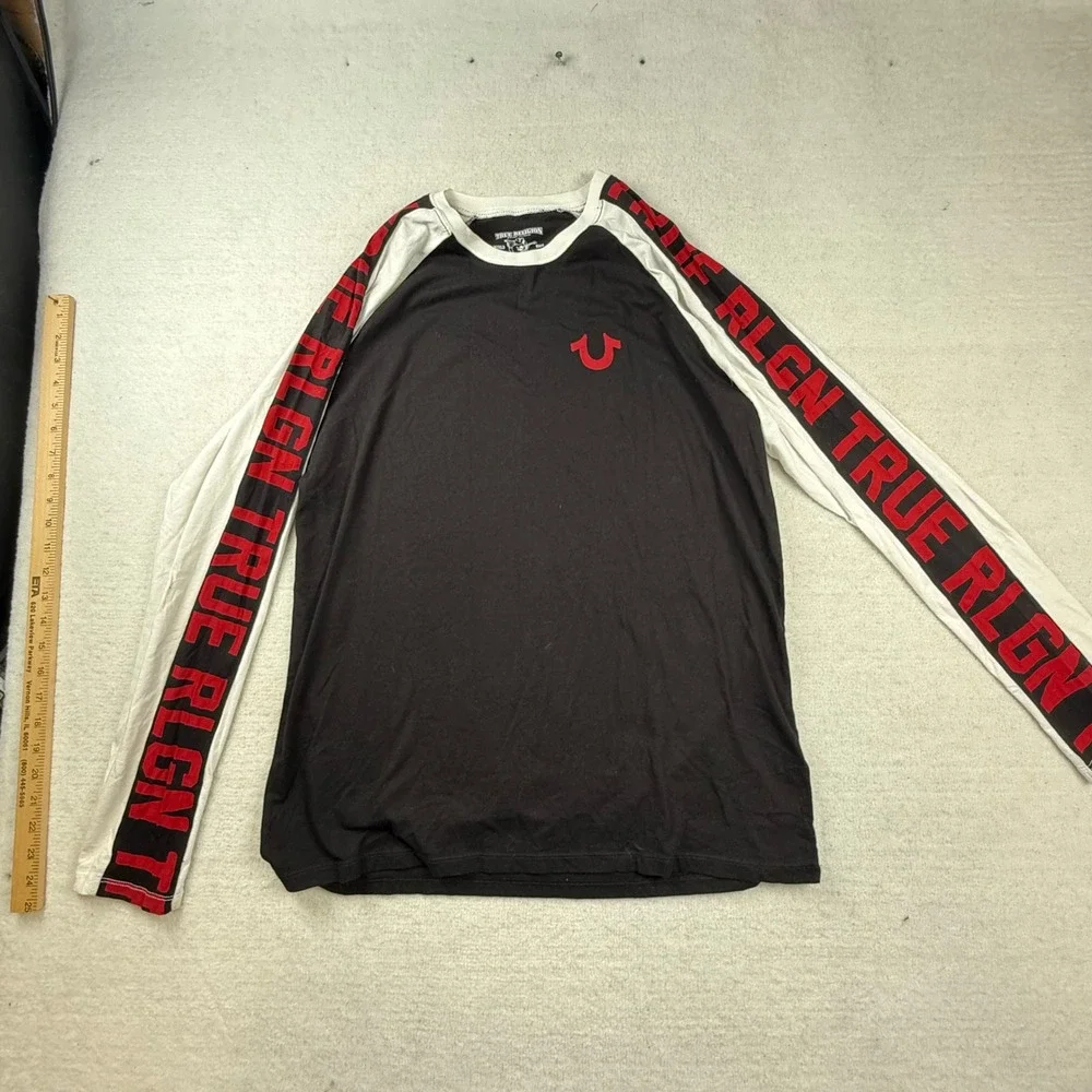 True Religion Mens Raglan Long Sleeve T-Shirt Black White Red Logo Graphic Large